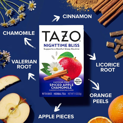 Tazo Nighttime Bliss Chamomile Herbal Tea Bags,16 ct, 6-Pack