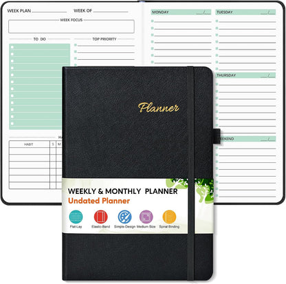 Undated Weekly and Monthly Planner, Hardcover Leather Calendar Blank Planner, Simplified To Do List Notebook with Goal & Habit Tracker Organizer, A5 Daily Weekly Planner for Work School Home, Black