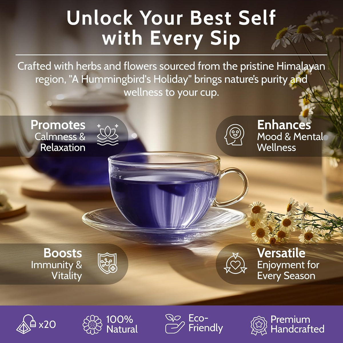 Blooms & Leopard Premium Herbal Tea – A Hummingbird's Holiday Blend with Chamomile, Lavender, Valerian Root, Butterfly Blue Pea Flower, Lemon Peel & Rose Petals – 20 Caffeine-Free Pyramid Tea Bags