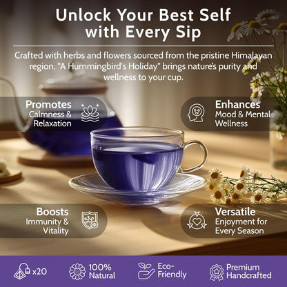 Blooms & Leopard Premium Herbal Tea – A Hummingbird's Holiday Blend with Chamomile, Lavender, Valerian Root, Butterfly Blue Pea Flower, Lemon Peel & Rose Petals – 20 Caffeine-Free Pyramid Tea Bags