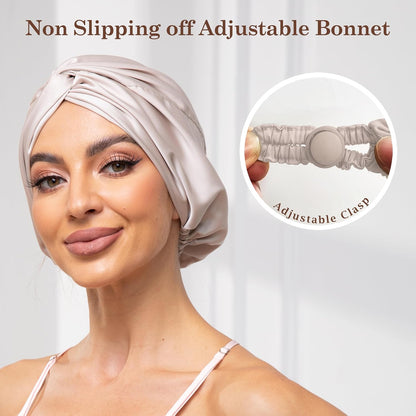 Adjustable Silk Satin Bonnet for Sleeping Hair Wrap, Double Layer Sleep Cap, Night Turban for Large Long Curly Braid Women Men Hair - Matcha Green