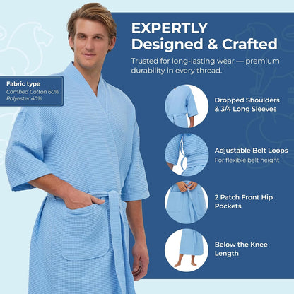 MONARCH Unisex Square Waffle Spa Kimono Robe – Soft Lightweight Fabric & Generously Sized Hotel & Spa Robe with Pockets