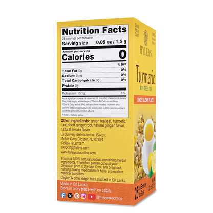 HYLEYS Turmeric Green Tea with Ginger and Lemon, Kosher, 25 Tea Bags