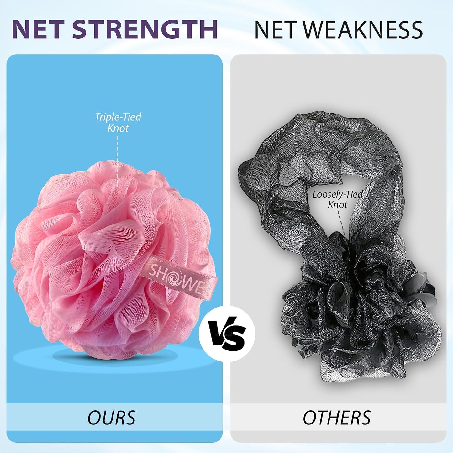 SHOWER BOUQUET Loofah-Charcoal Bath-Sponge XL-Color-4-Pack // Extra Large 75g Soft Mesh Black Luffa Loofa Loufa Puff Set/Exfoliating Body Scrubber for Women and Men - Exfoliate & Soothe Face & Body