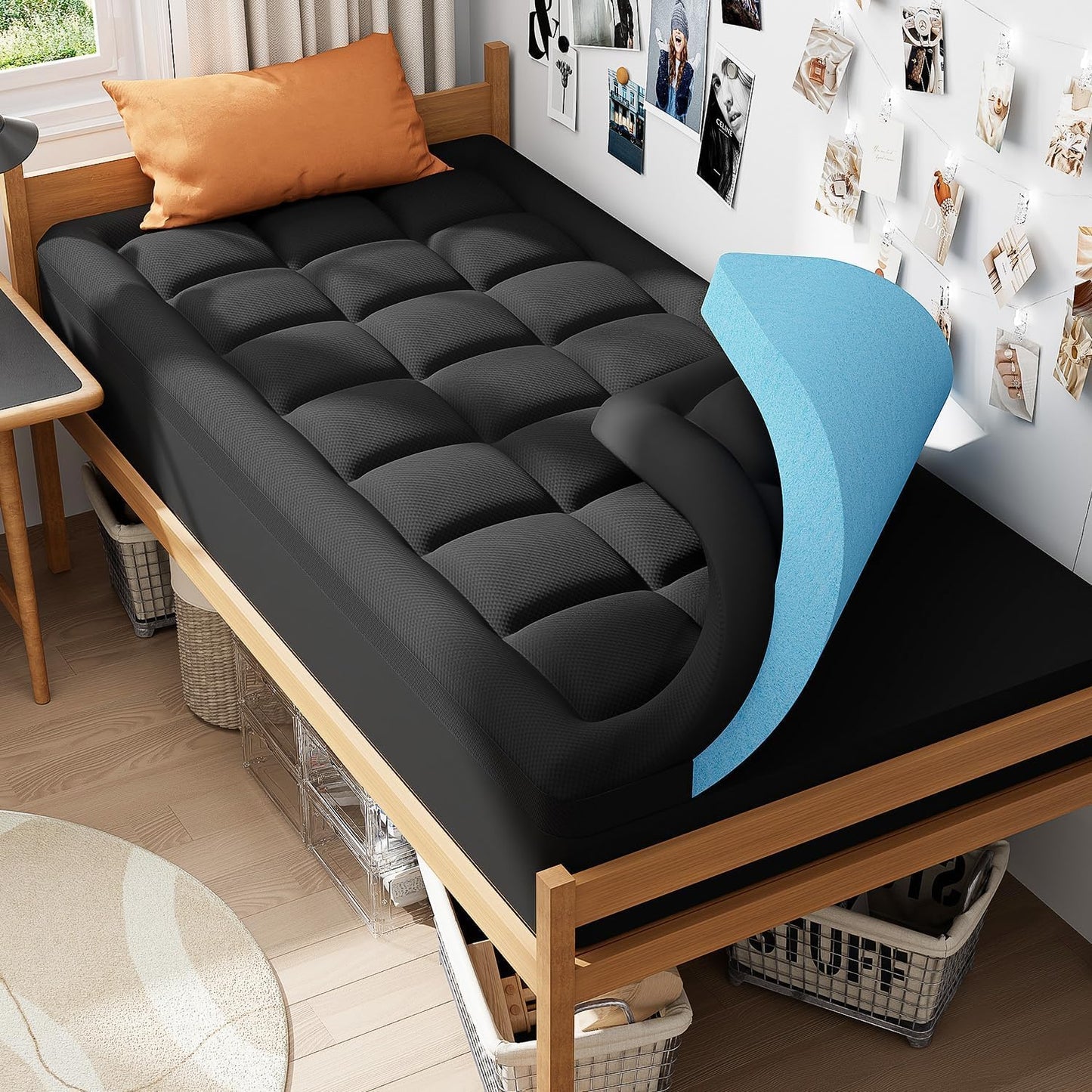 ELEMUSE Twin XL Dorm Dual Layer 3 Inch Memory Foam Mattress Topper for College, Dorm Room Essentials, 2 Inch Cooling Gel Foam and 1 Inch Soft Pillow Top Bed Pad,Back to School Comfortable Support
