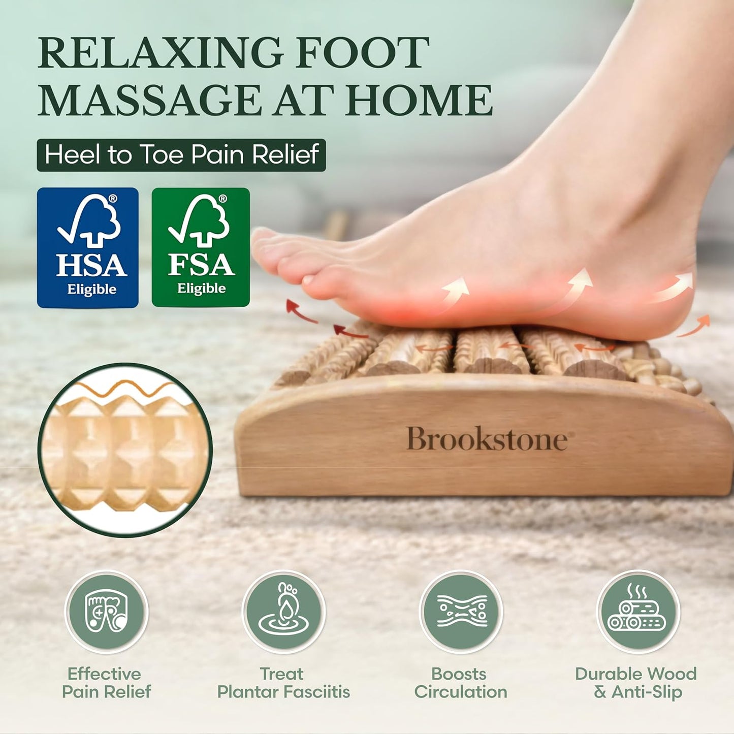 Brookstone Foot Massager Roller Plantar Fasciitis Pain Relief - Wooden Under Desk Feet Massage - Dual Manual Heel Massagers - Wood Rolling Acupressure Tool with Reflexology Guide - Gift for Men, Women