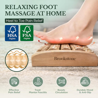 Brookstone Foot Massager Roller Plantar Fasciitis Pain Relief - Wooden Under Desk Feet Massage - Dual Manual Heel Massagers - Wood Rolling Acupressure Tool with Reflexology Guide - Gift for Men, Women