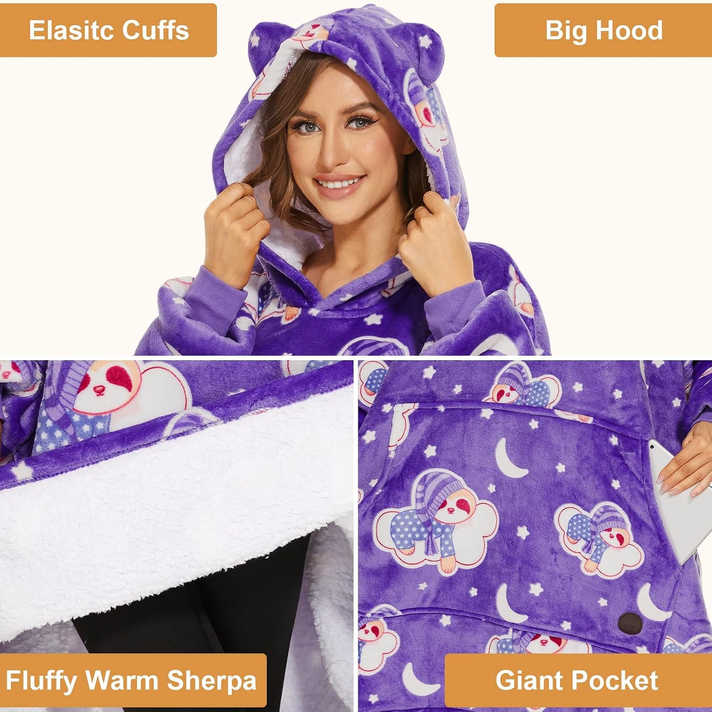 THREE POODLE Wearable Blanket Hoodie for Women, Oversized Sherpa Sweatshirt Blanket for Adults Men, Cozy Hooded Blankets, Gifts for Teen Girls Women Mom Sister