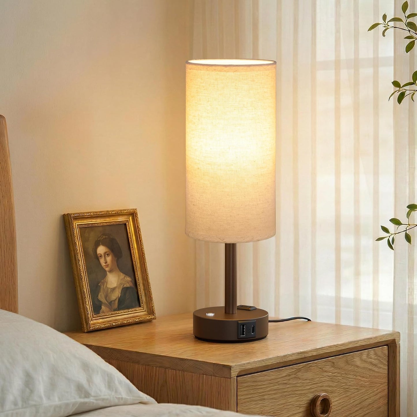 Touch Bedside Table Lamp with Memory - Stepless Dimmable Lamp for Bedroom, Small Nightstand Lamp with Dual USB Charging Ports and AC Outlet, Wood Night Light, Desk Lamp for Nursery, Living Room, Dorm