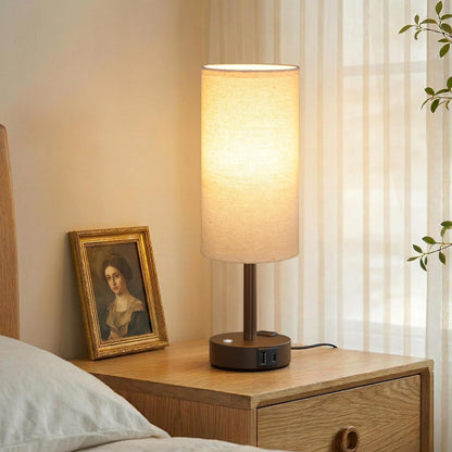 Touch Bedside Table Lamp with Memory - Stepless Dimmable Lamp for Bedroom, Small Nightstand Lamp with Dual USB Charging Ports and AC Outlet, Wood Night Light, Desk Lamp for Nursery, Living Room, Dorm