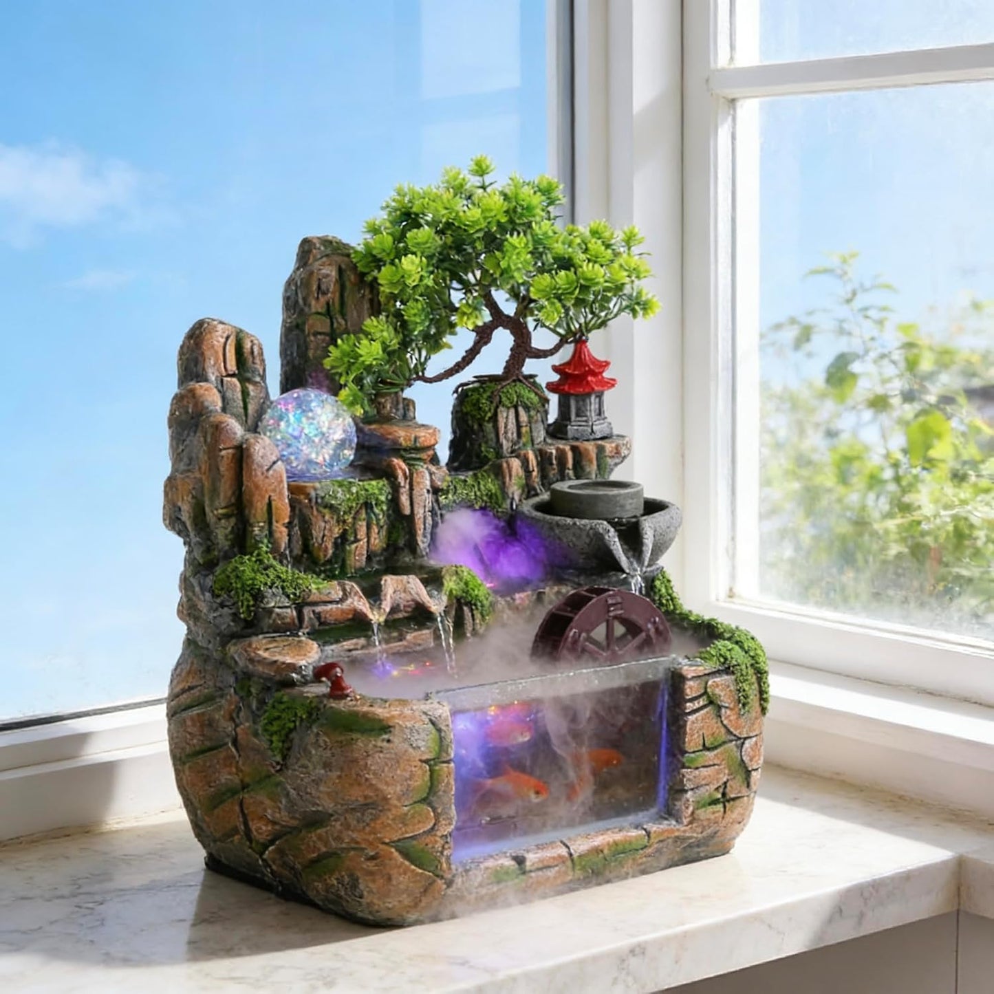 Mini Artificial Bonsai Tree Waterfall Fog Feature Rock Tabletop Fountain | 11in Desktop Decor Waterfall Fountain W/ Water Pump& Atomizer&LED Lights &Fake Tree Office Bedroom Relax