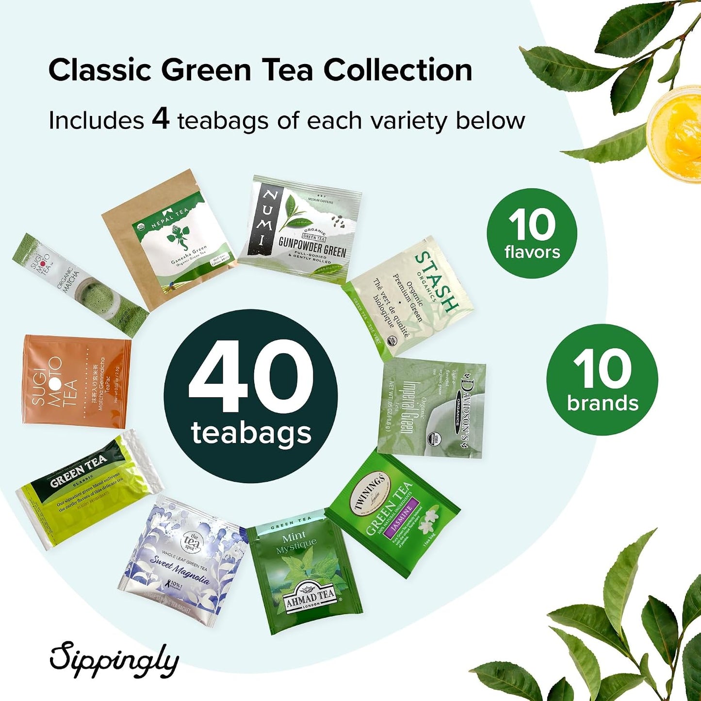 Sippingly Night Time Tea Sampler – 40 Herbal Teas – 10 Flavors from Top Brands – Chamomile, Lavender, Passionflower – Perfect Relaxation & Calm Support – Ideal Wellness Gift – Kosher, Gluten-Free