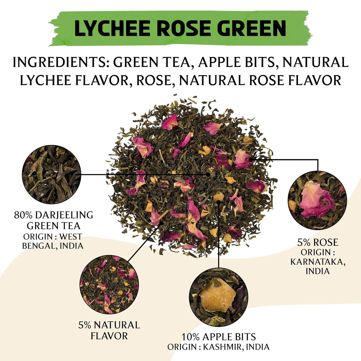 BREWIX, Lychee Rose Green Tea Loose Leaf (50+ Cups, 3.53oz/100g) Gluten Free I High Elevation Grown Green Tea Leaves with Apple, Lychee and Rose | Pure Sourced Direct from India