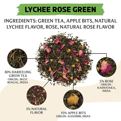 BREWIX, Lychee Rose Green Tea Loose Leaf (50+ Cups, 3.53oz/100g) Gluten Free I High Elevation Grown Green Tea Leaves with Apple, Lychee and Rose | Pure Sourced Direct from India