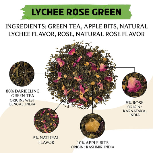BREWIX, Lychee Rose Green Tea Loose Leaf (50+ Cups, 3.53oz/100g) Gluten Free I High Elevation Grown Green Tea Leaves with Apple, Lychee and Rose | Pure Sourced Direct from India