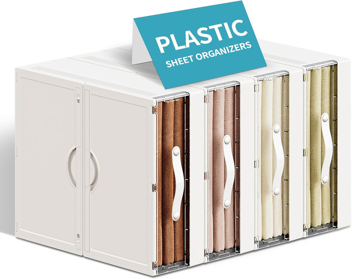 Plastic Bed Sheet Organizers and Storage 4 Pack Sheet Set Storage Organizer, Foldable Linen Closet Organizer with Window, Lockable Storage Bins for for Bedding Sheets, Duvet Covers, Blankets
