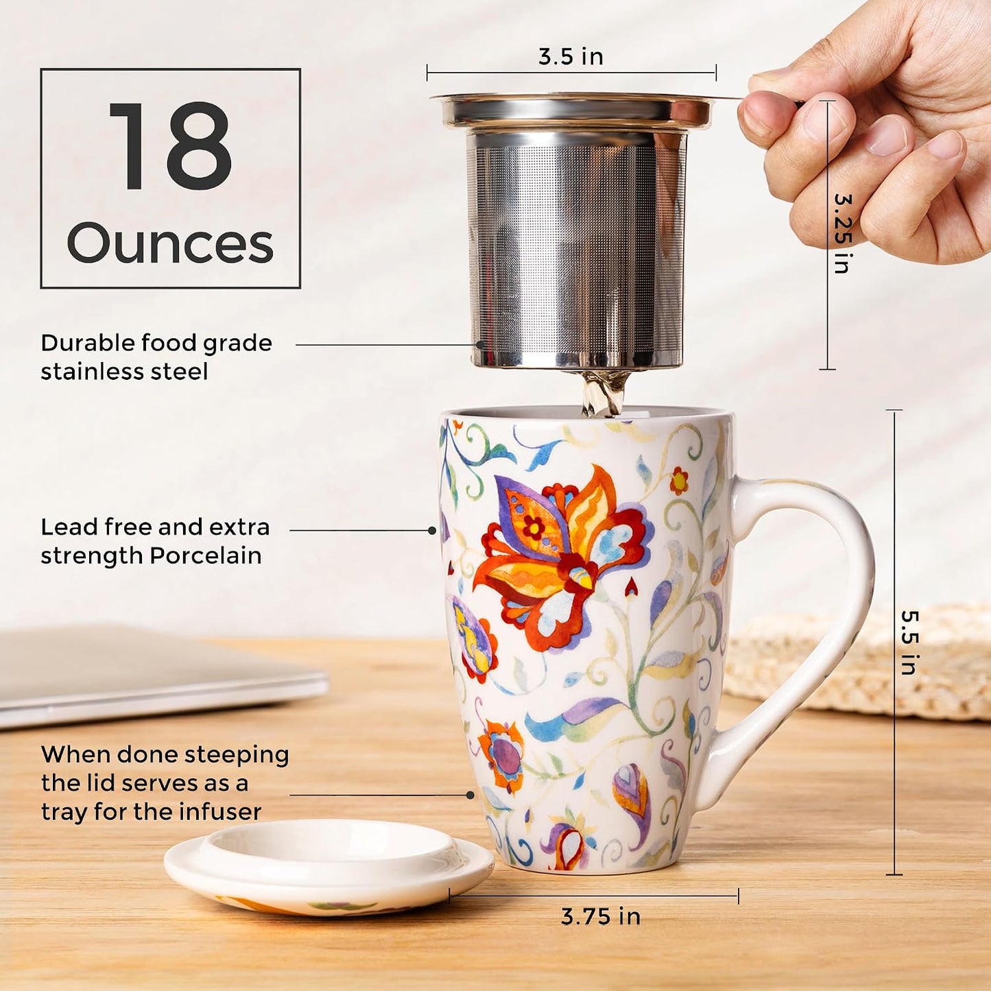 GBhome Tea Mug with Infuser and Lid, 18 Ounce Large Ceramic Loose Leaf Cup, Microwave, Dishwasher Safe, Perfect for Tea Lovers