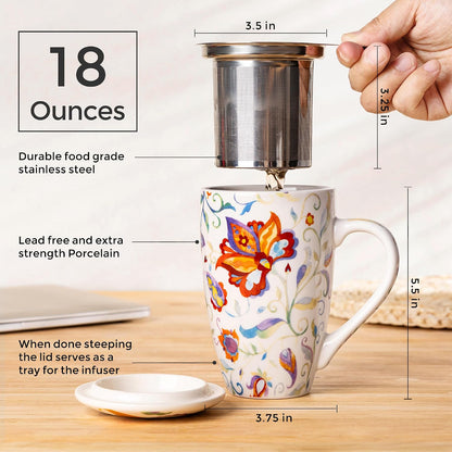 GBhome Tea Mug with Infuser and Lid, 18 Ounce Large Ceramic Loose Leaf Cup, Microwave, Dishwasher Safe, Perfect for Tea Lovers