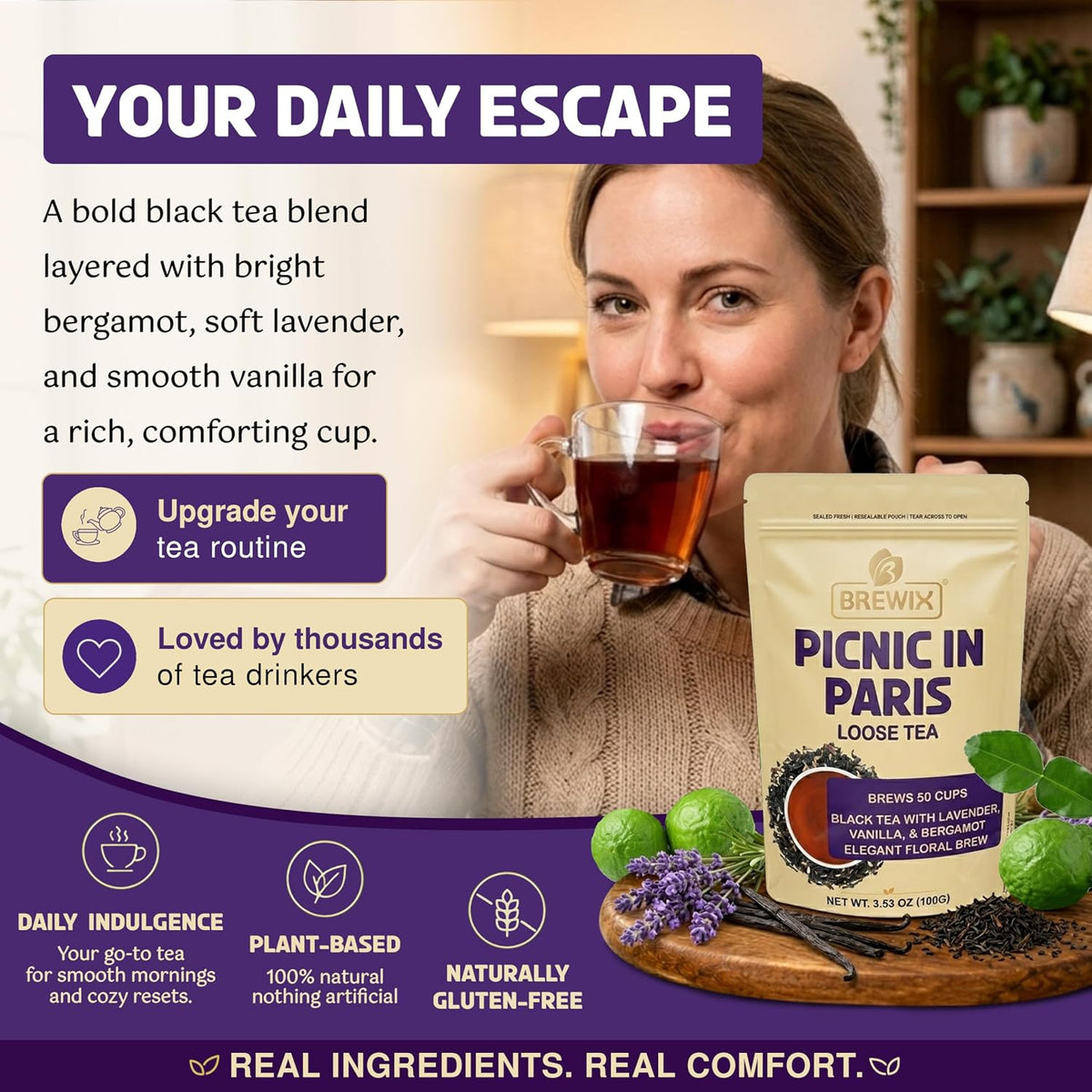 BREWIX Earl Grey Lavender Loose Leaf Tea (50+ Cups, 3.53oz/100g) | London Fog Black Tea with Bergamot & Vanilla | Make a Lavender Tea Latte, Hot or Iced | Calming, Aromatic Gourmet Picnic in Paris Blend