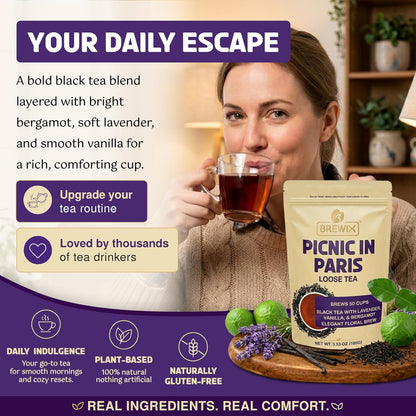 BREWIX Earl Grey Lavender Loose Leaf Tea (50+ Cups, 3.53oz/100g) | London Fog Black Tea with Bergamot & Vanilla | Make a Lavender Tea Latte, Hot or Iced | Calming, Aromatic Gourmet Picnic in Paris Blend