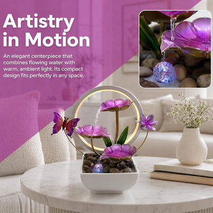 Tabletop Fountain,Indoor Water Fountain,Home Fengshui Décor Zen Relaxation Soothing Sound Machine for Office,Living Room,or Bedroom,Green Lotus,Hummingbird & Pink Flower,9.1inch