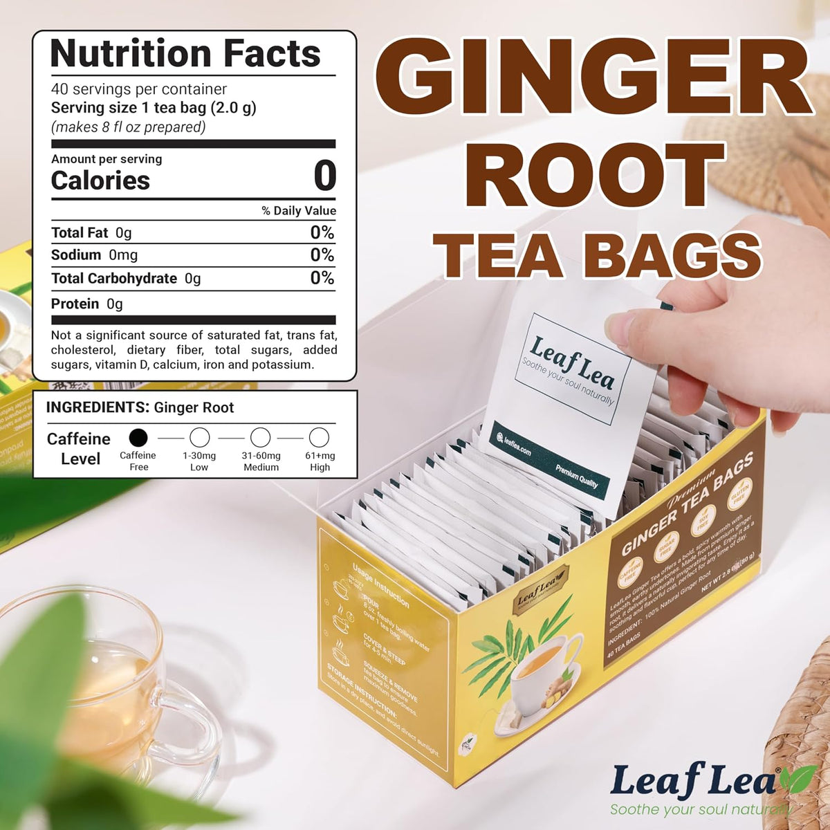 LeafLea Ginger Tea Bags, Strong Ginger Herbal Tea, 160 Count Bulk