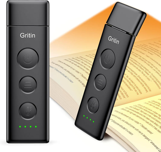 Gritin Book Light Rechargeable, Clip on LED Reading Light for Books in Bed | Eye Caring 3-Color & 5-Brightness, Stepless Dimming, Long Lasting, Compact Size Flexible Book Lamp for Bookworms
