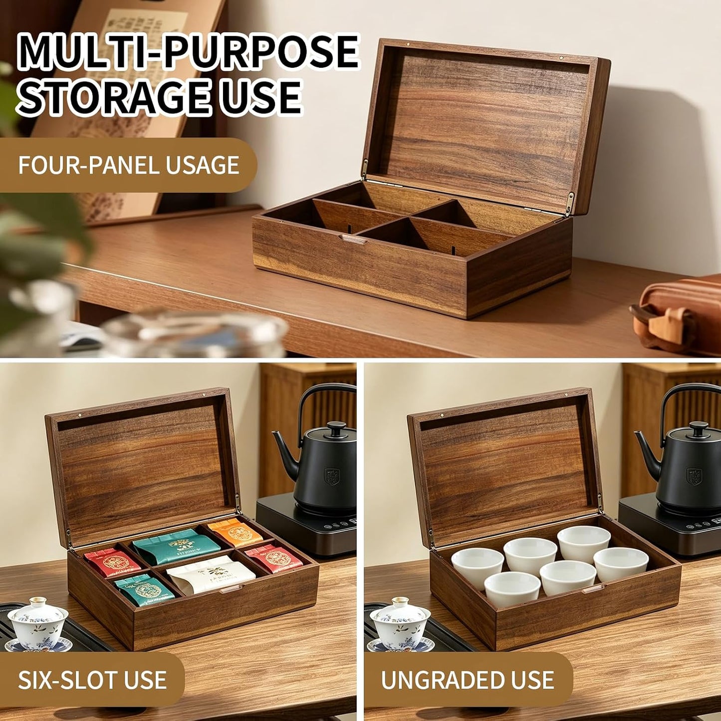 Acacia Wooden Tea Bag Organizer with Magnetic Lid, 8 Adjustable Compartments Wooden Tea Box for Tea Bags, Countertop Storage Holder