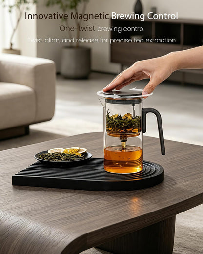 ZENS Magnetic Tea Pot, Enchanted Glass Teapot with Infuser and Magnetic Suction Lid for Mess-Free Loose Tea Diffusers, Walnut Wood Handle, Tea Lovers Gifts