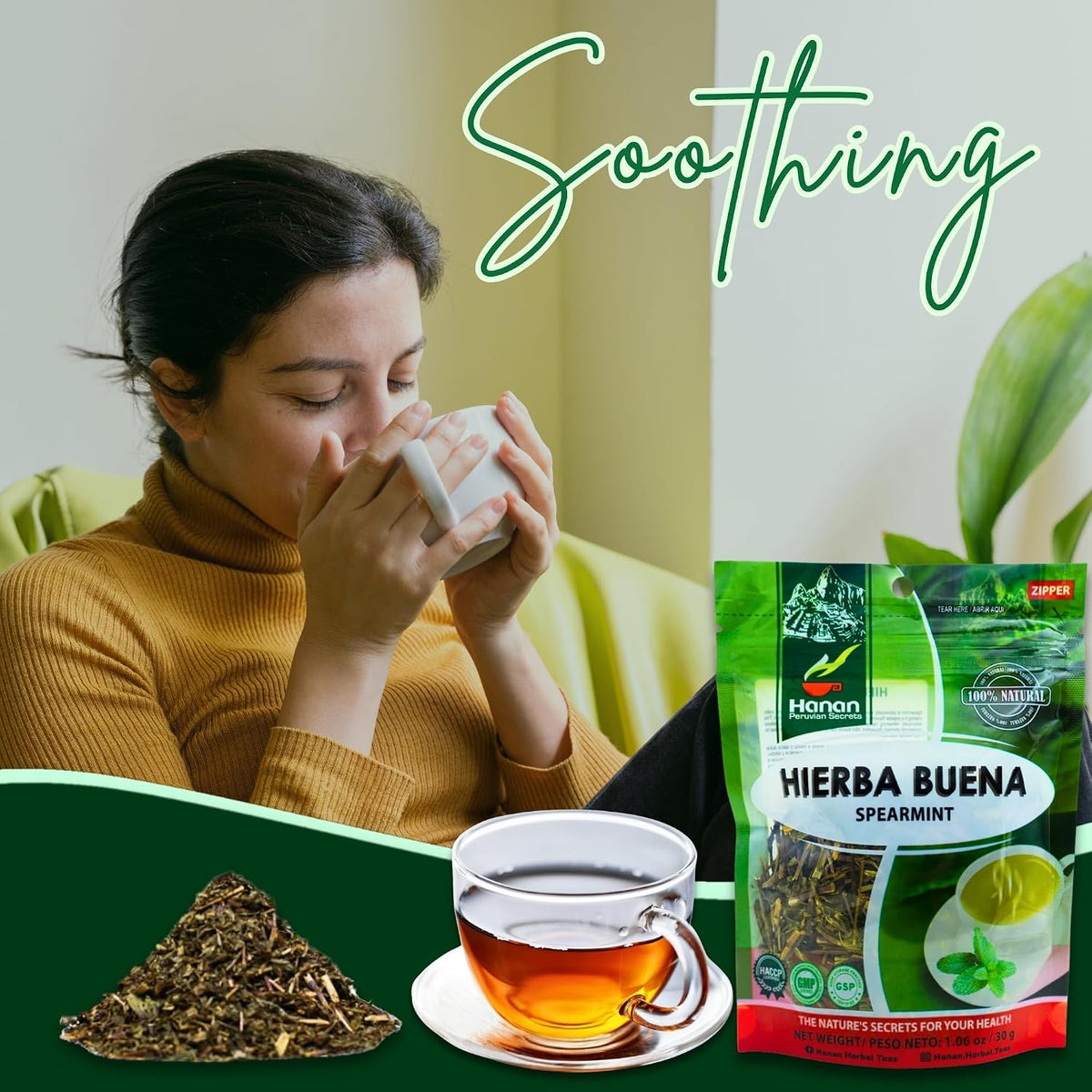 Hanan Spearmint Tea Loose Leaf (Hierba Buena) 1.1 oz (30 g) - Dried Peppermint Leaves (Mentha Spicata) Plant Leaves from Peru