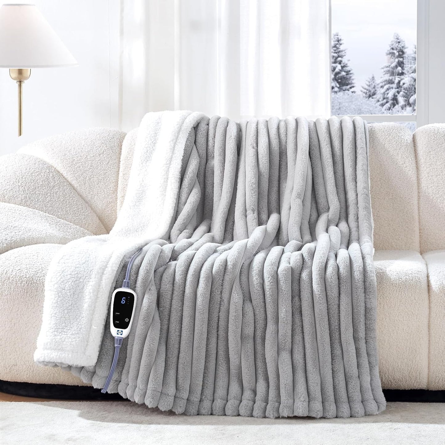 Sealy Electric Blanket Throw Size 50"*60",Super Cozy Faux Fur to Sherpa Reversible Heated Blanket Throw with 6 Heating Levels & 2-10 Hours Auto Off Overheating Protection Machine Washable,Blue White