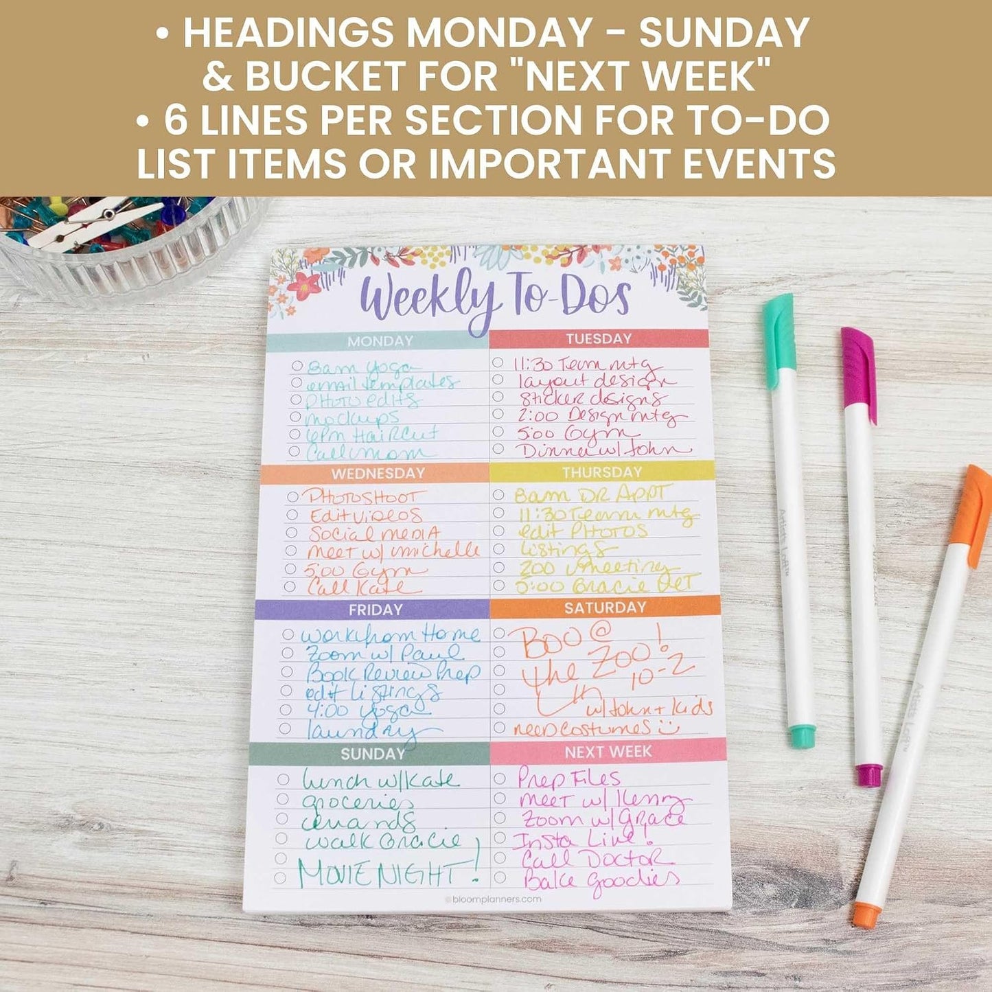 bloom daily planners Undated Weekly Tear-Off To Do List Planning Pad with Magnets - Hanging Notepad Organizer for Fridge - 6” x 9” - Floral Dots
