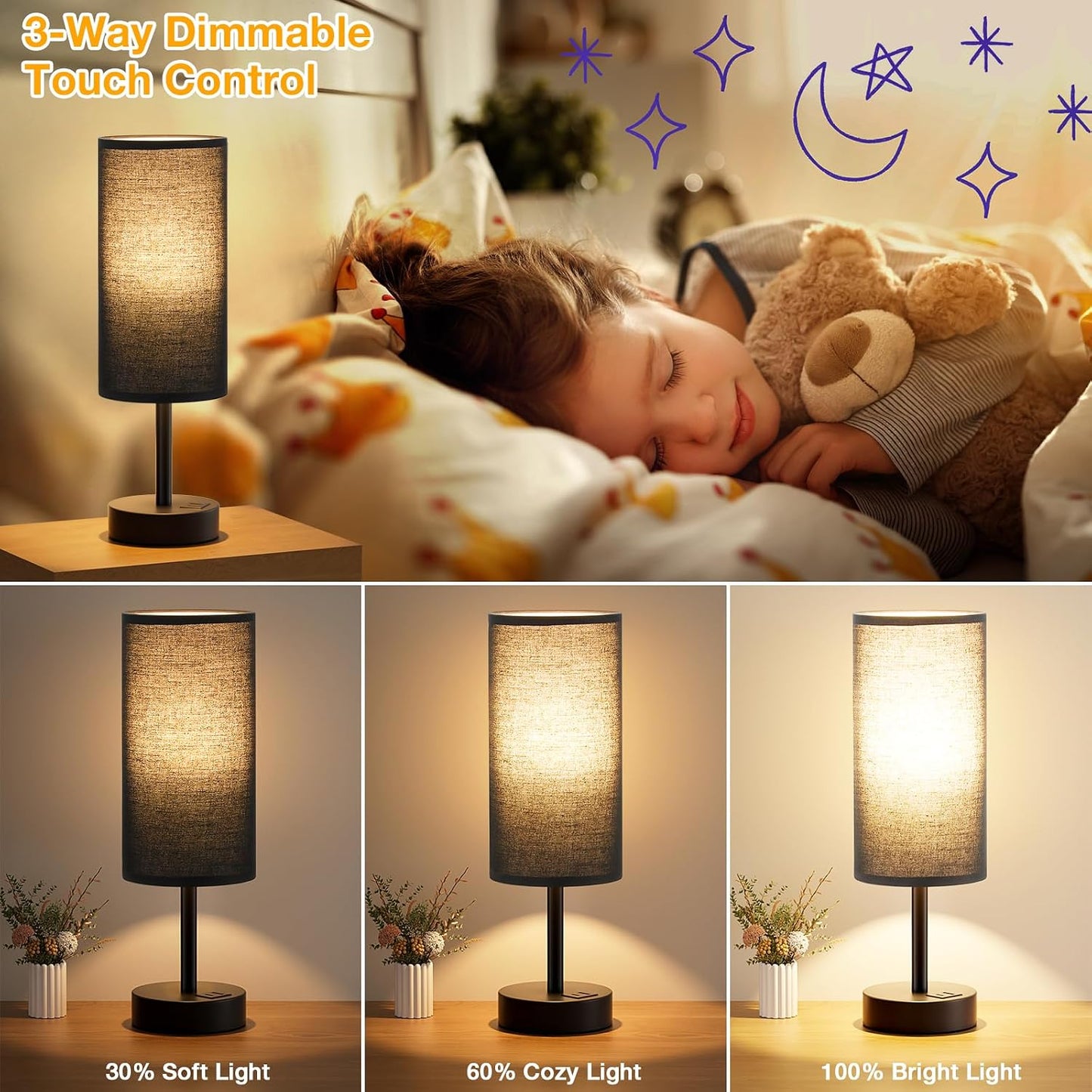 Dicoool Touch Bedside Table Lamp with USB - 3 Way Dimmable Wood Lamp for Bedroom Nightstand, Desk Lamp with Charging Station for Dorm, Living Room, Office, Kids Room, Small, 14in