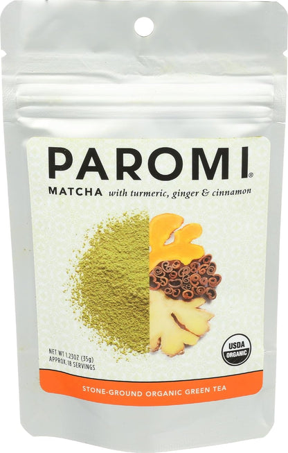 Paromi Matcha Green Tea Powder with Turmeric, Ginger & Cinnamon, 35g (18 Servings) — Made with Stone-Ground Organic Matcha from Kyushu, Japan — Blend, Whisk, Stir or Shake into Water or Milk