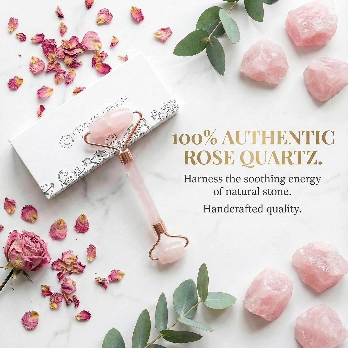 C CRYSTAL LEMON Rose Quartz Facial Roller for Face and Neck, Dual-End Natural Stone Face Roller, Cooling Massage Tool for Puffiness Appearance, Smooth Rolling Skincare Accessory