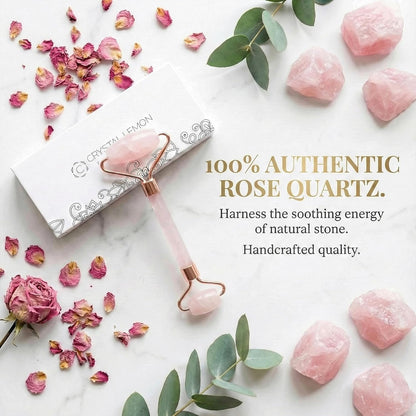 C CRYSTAL LEMON Rose Quartz Facial Roller for Face and Neck, Dual-End Natural Stone Face Roller, Cooling Massage Tool for Puffiness Appearance, Smooth Rolling Skincare Accessory