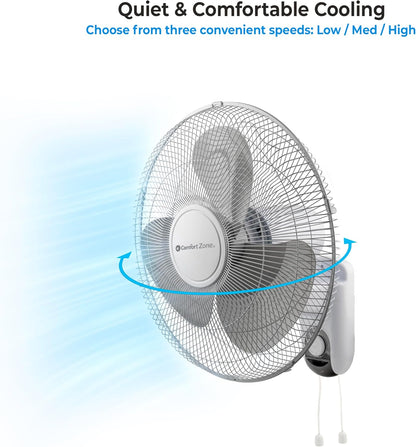 Comfort Zone 16-Inch Fan with Remote Control – Quiet 3-Speed Oscillating Indoor Fan with 90° Wide-Angle Airflow, Timer & Sleep Modes – Space-Saving Wall Fan for Bedroom, Home Gym & Office, White