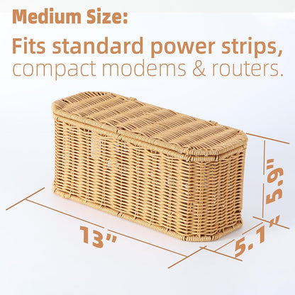 Rattan Cable Management Box, Cord Organizer to Hide Cords & Power Strip