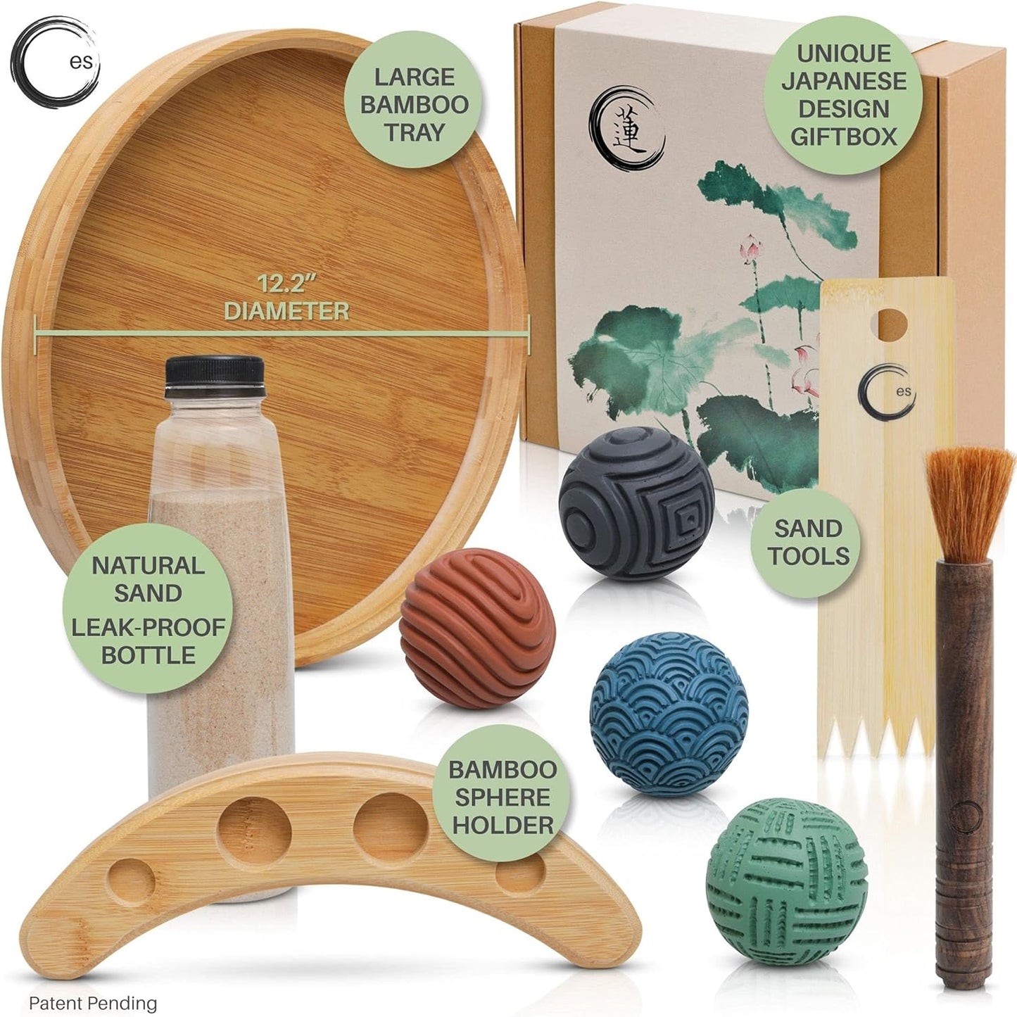 ENSO Zen Garden for Desk, Japanese Bamboo Sand Tray Therapy Kit | Lead-Free Granite Stone, Patented Elemental Design, 1-Inch Deep Bamboo Base, Includes Rake and Brush, Adult and Kids Use