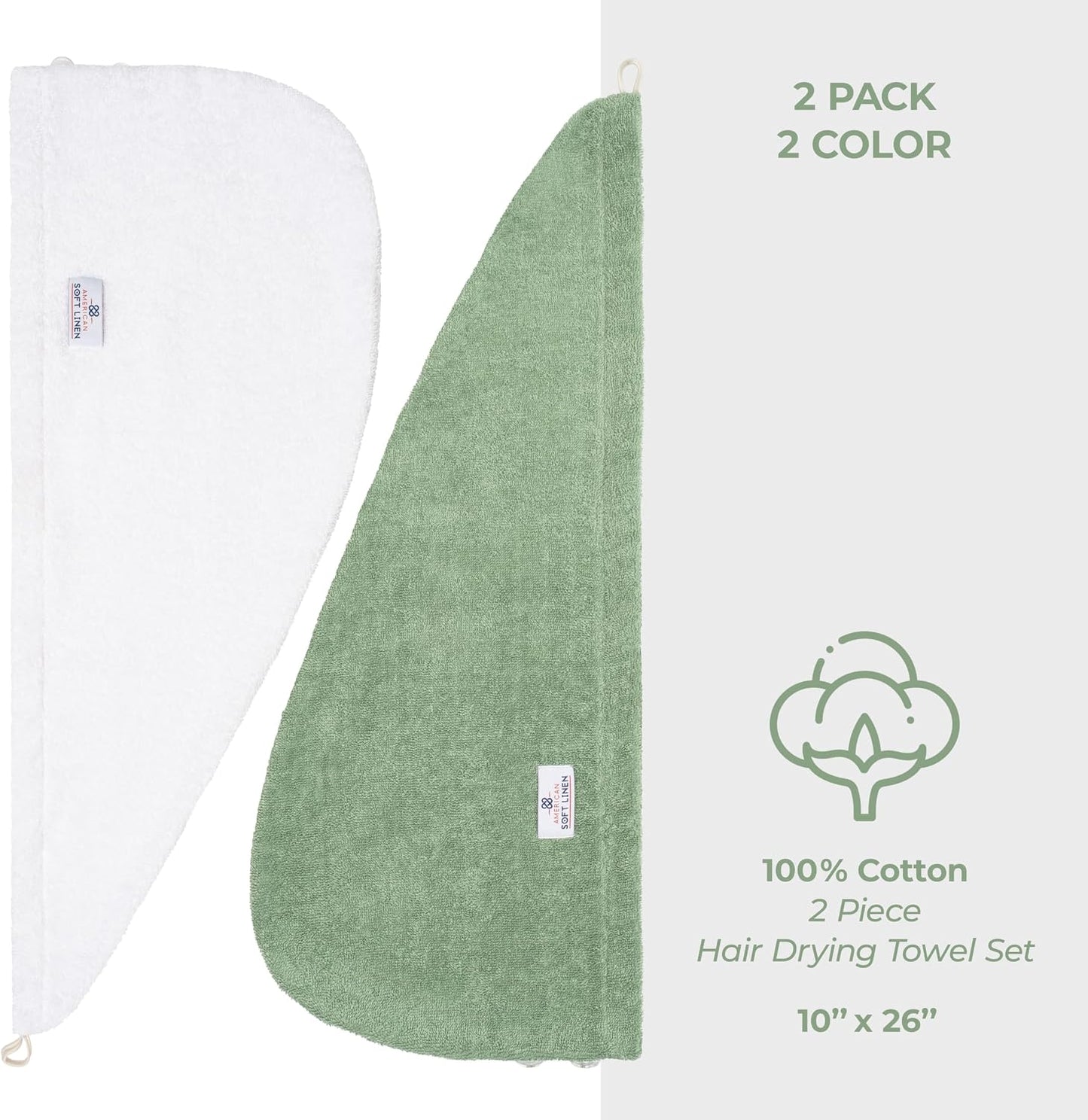 American Soft Linen 100% Cotton Hair Towels for Women, Head Towel Cap, Cotton Hair Turban Towel Wrap for Long Curly Anti Frizz Hair, Soft and Absorbent Cotton Hair Towels 2 Pack, White