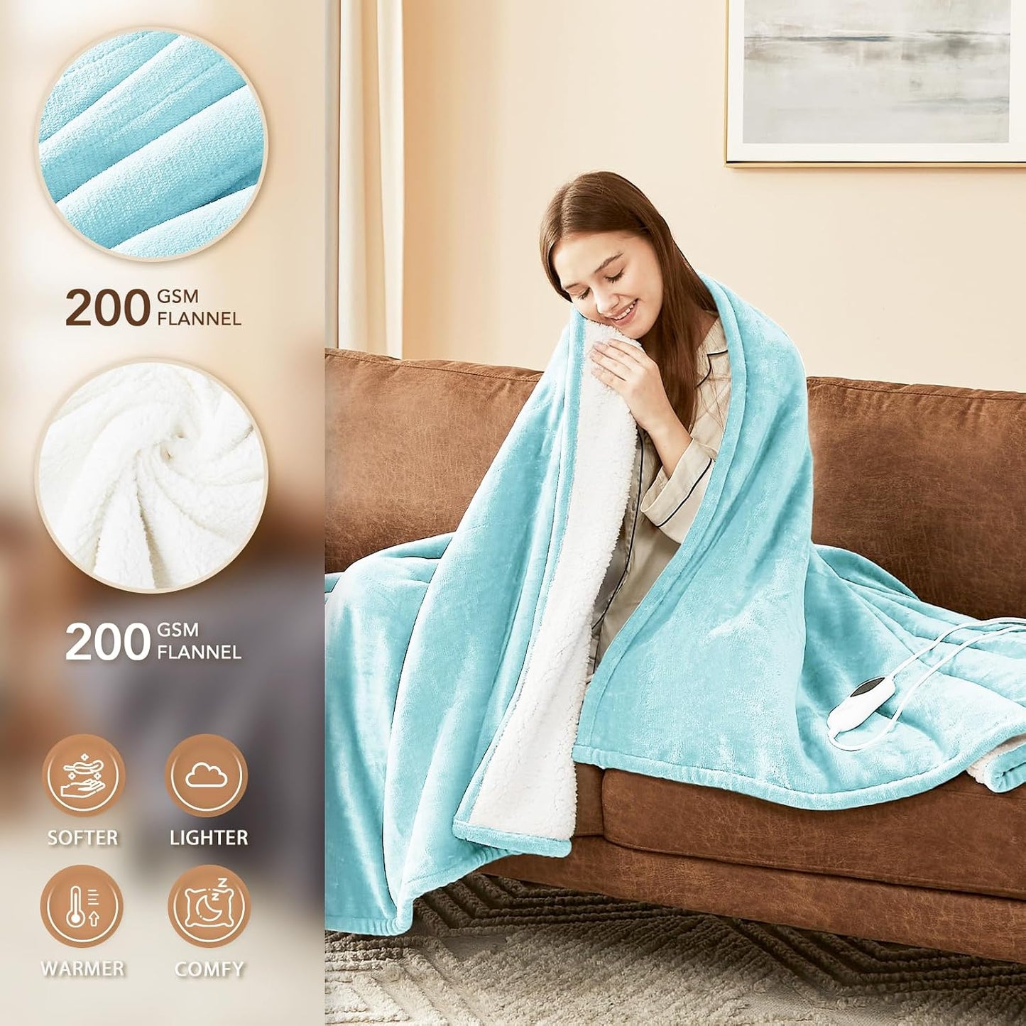 Homemate Heated Blanket Electric Throw - 50"x60" Heating Blanket Throw 1/2/4/6/8 Hours Auto-Off 10 Heat Level Over-Heat Protection Flannel Sherpa ETL Certification