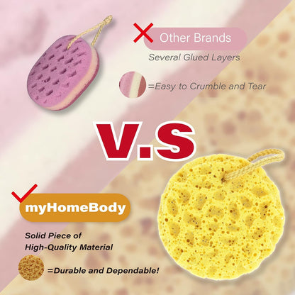 myHomeBody Bath Sponge, Foam Loofah, Body Scrubber for Bathing, Exfoliating Shower Pouf for Shower – Large Size, Lots of Lather, Curvy, 3 Pack