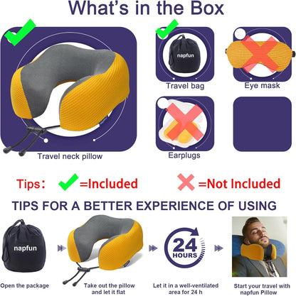 napfun Neck Pillow for Traveling, Upgraded Travel Neck Pillow for Airplane 100% Pure Memory Foam Travel Pillow for Flight Headrest Sleep, Portable Plane Accessories, Light Grey