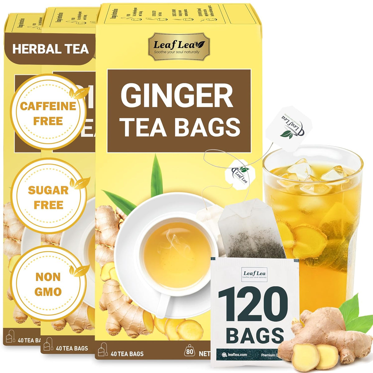 LeafLea Ginger Tea Bags, Spicy Pure Ginger Herbal Tea, 120 Count