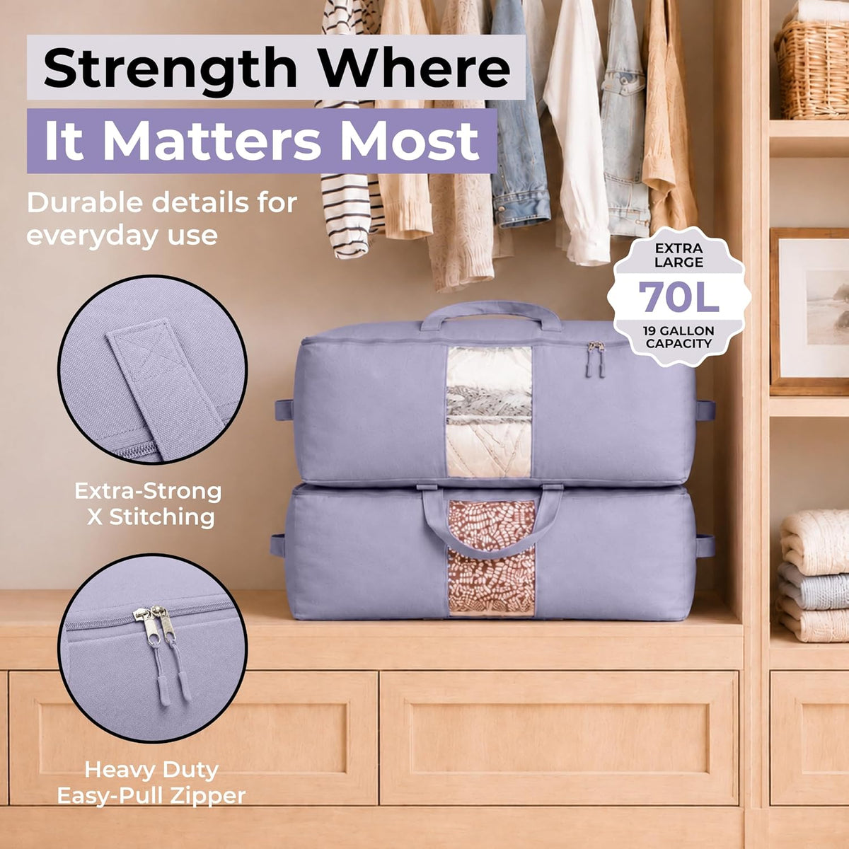 Soft Canvas Storage Bags with Zipper. Thick Breathable, 2pc King/Queen Comforter Organizer. Four Carrying Handles and Window. Large 25x19x9in Bag for Sheets Blankets Bedding Pillows, Clothes