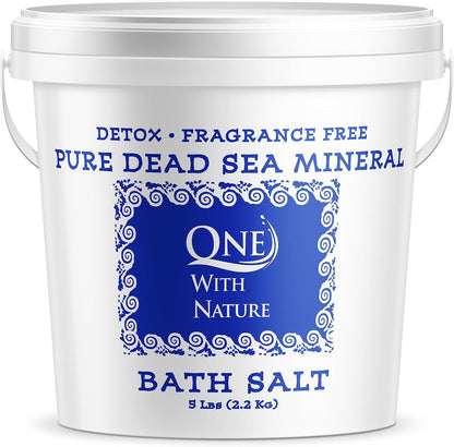 One With Nature 100% Pure Dead Sea Salt, 5Lb -Fine Bath Salts for Soaking, Body Exfoliator, 21 Essential Minerals with Magnesium, Sulphur. Fragrance-Free, Men, Women, Children. Helps Skin Conditions