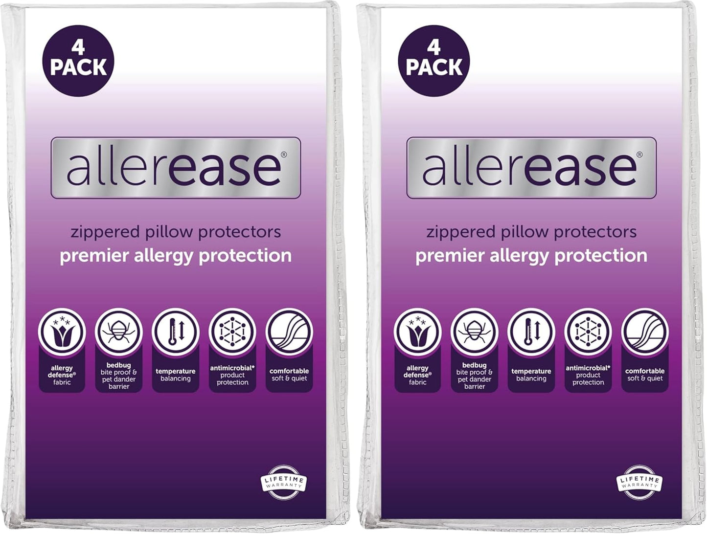 Set of 4 Standard/Queen AllerEase Pillow Protectors - Temperature Balancing, Allergist Recommended - Premium Breathable, Zippered Protectors