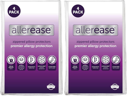 Set of 4 Standard/Queen AllerEase Pillow Protectors - Temperature Balancing, Allergist Recommended - Premium Breathable, Zippered Protectors