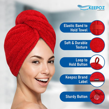 KEEPOZ 100% Cotton Hair Towel Wrap Quick Dry Super Absorbent Turban Head Wrap for Women with Button, Anti Frizz, Hair Cap for Curly, Long & Thick Hair (White, 1 Pc)