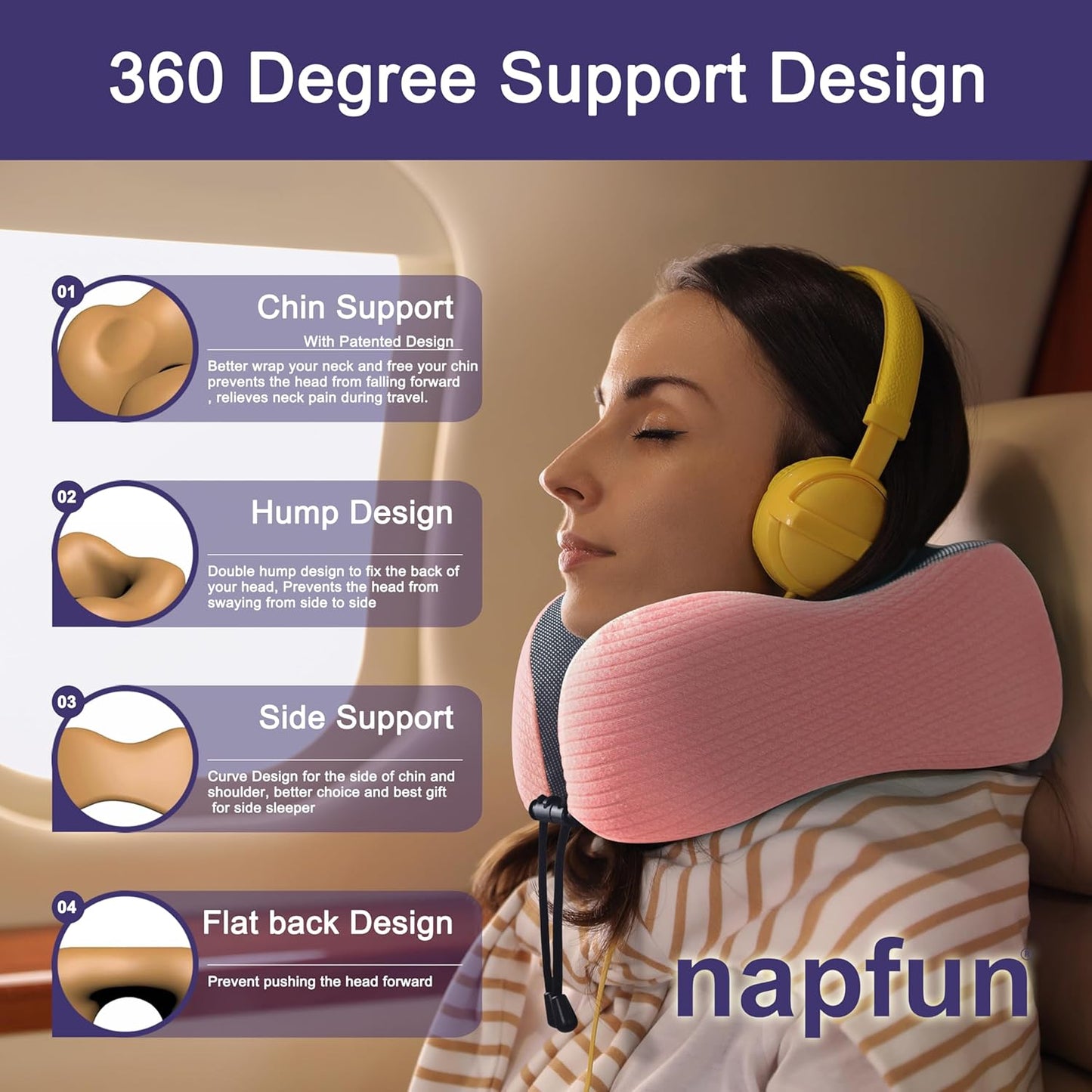 napfun Neck Pillow for Traveling, Upgraded Travel Neck Pillow for Airplane 100% Pure Memory Foam Travel Pillow for Flight Headrest Sleep, Portable Plane Accessories, Light Grey
